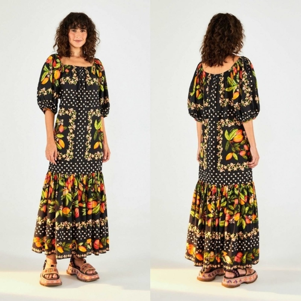 Farm Rio Cocoa Paradise Black Puff Sleeve Tiered Tropical Maxi Dress Size Small